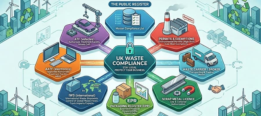 Spider diagram of UK waste compliance public registers including permits, exemptions, waste carriers, scrap metal, ATF, AATF, EPR and international waste shipments