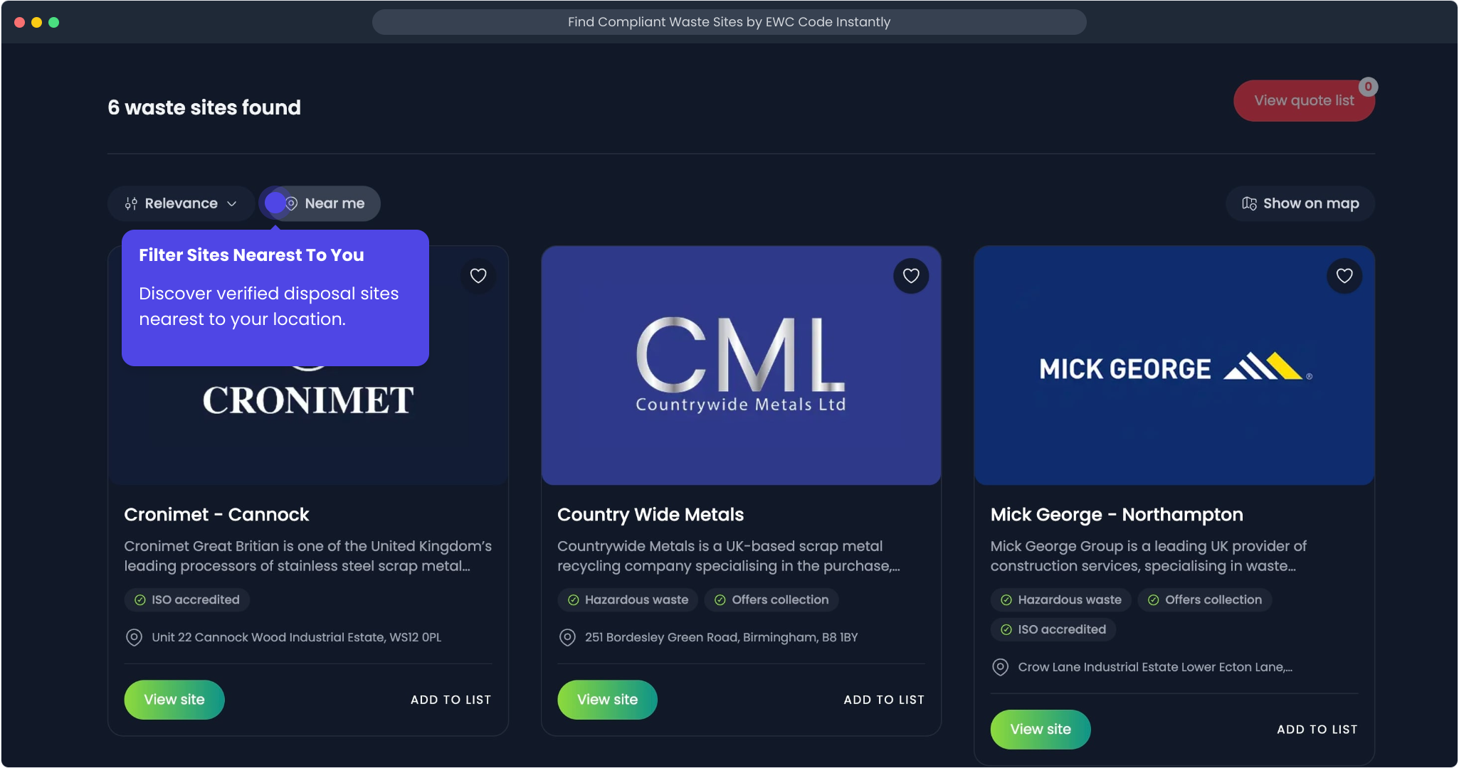 Using the near-me filter to bring nearby waste sites to the top of the results