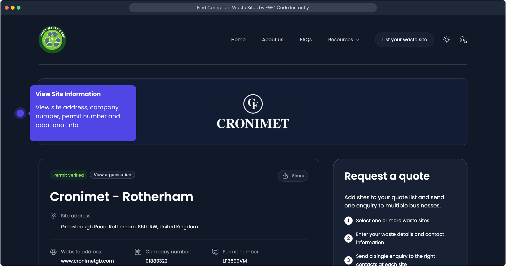 Checking operator, address, company number, and permit details on a waste site listing
