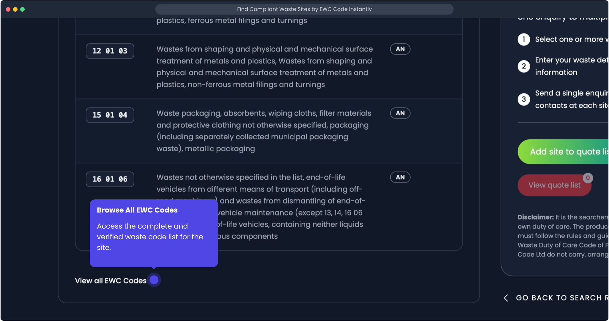 Confirming the waste site's published EWC codes before making contact